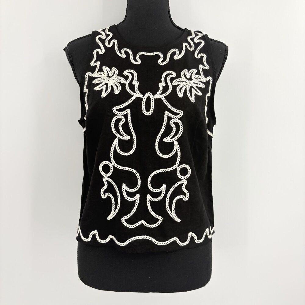 Joie Palm Tree Embroidery Tank Top Blouse Women Small Linen Euro Summer Vacation